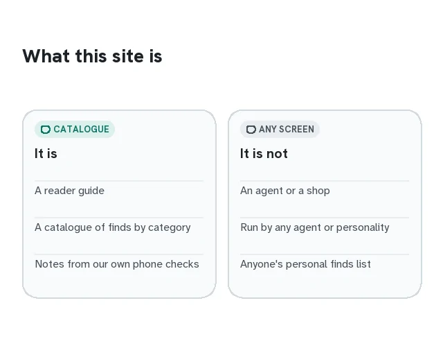 Card stating what the site is and is not: a reader guide and catalogue, not an agent, a shop or anyone's personal list