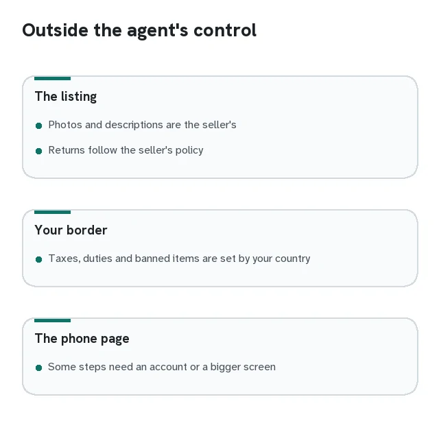 Card with three limits of an agent: cannot change the listing, cannot change border rules, cannot make a phone page finish what it was not built for