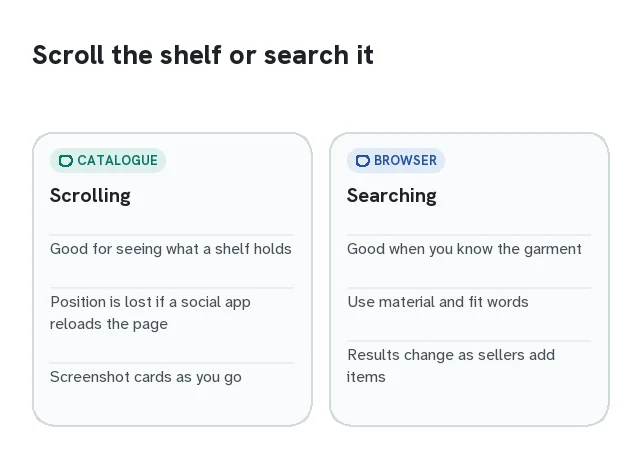 Two-column card comparing scrolling a shelf with searching it on a phone