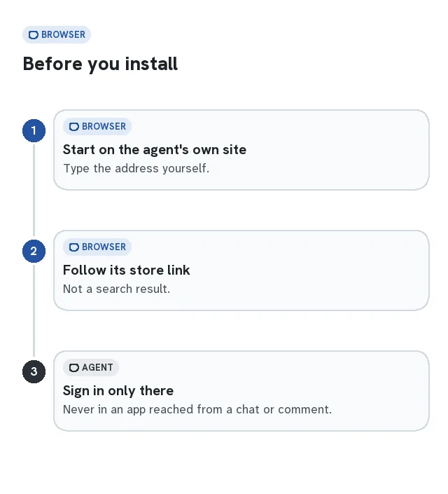 Chain of three checks before installing an agent app: start on the agent website, follow its store link, compare the app name and developer page