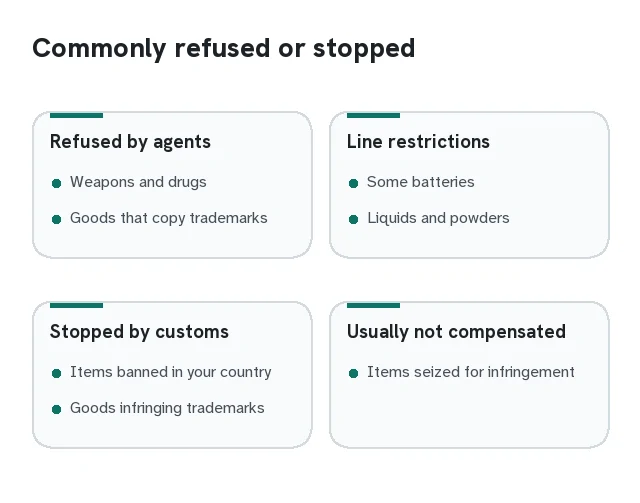 Card listing item types agents commonly refuse: weapons, drugs, some batteries and liquids, goods that copy trademarks