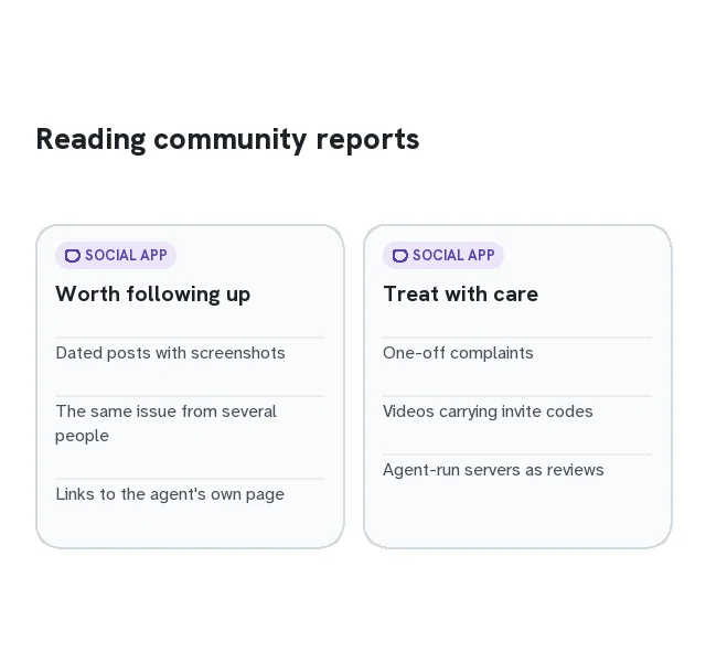 Two columns: what makes a community report useful and what makes it weak