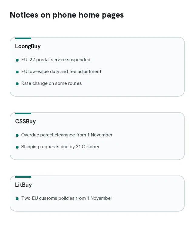 Card listing notices seen on three agents' phone home pages in October 2026