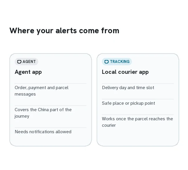 Two columns: alerts from the agent app versus alerts from your local courier app