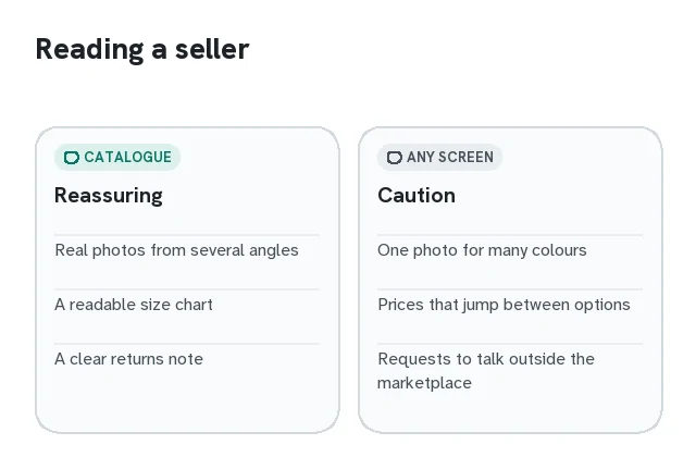 Two columns: good seller signs and caution signs