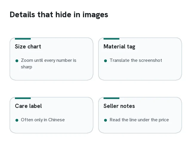 Card: details hidden in images (size chart, material tag, care label, seller notes) and how to read them on a phone