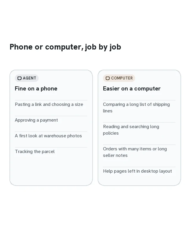 Two columns: jobs that are fine on a phone and jobs that are easier on a computer