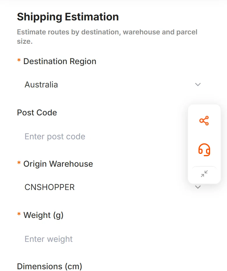 CNshopper phone estimate form with destination region, post code, origin warehouse, weight, dimensions and product type fields