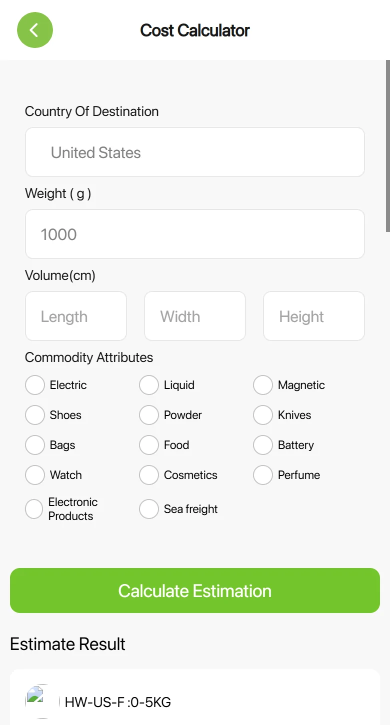 CSSBuy phone cost page: destination United States, weight 1000 grams, empty size fields, a grid of item attribute options, a green button and the first result card