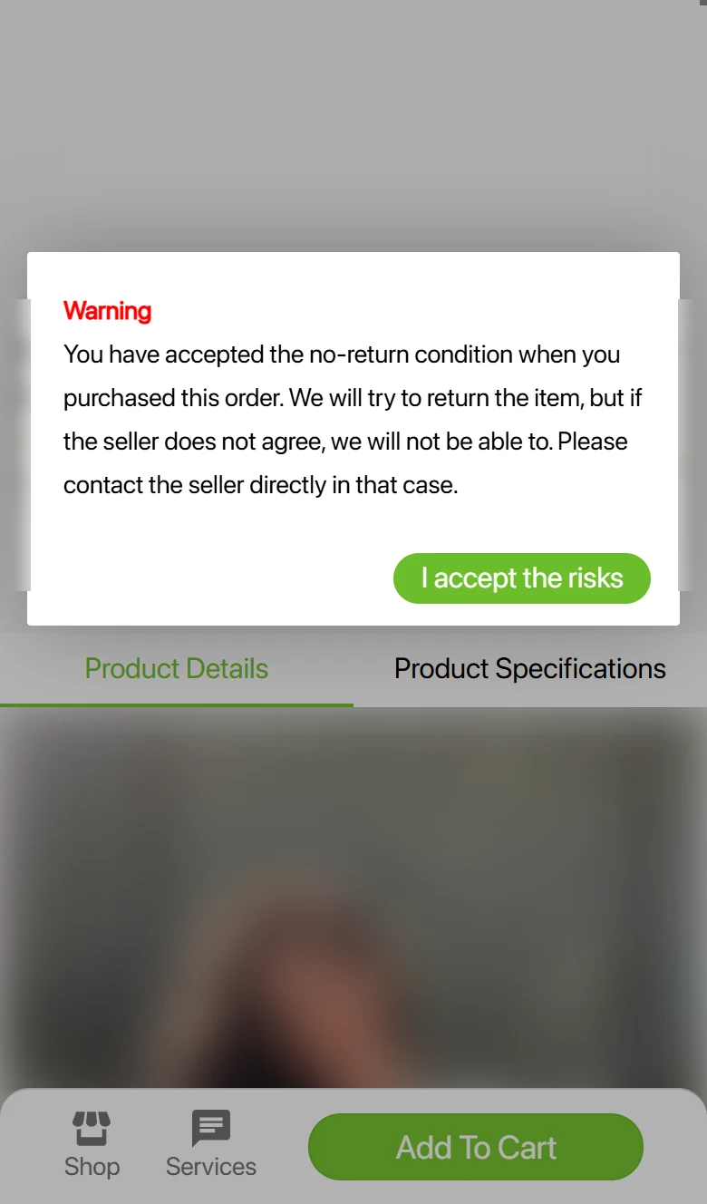 CSSBuy phone item page with a warning dialog about the seller's no-return condition and an I accept the risks button, product photo blurred