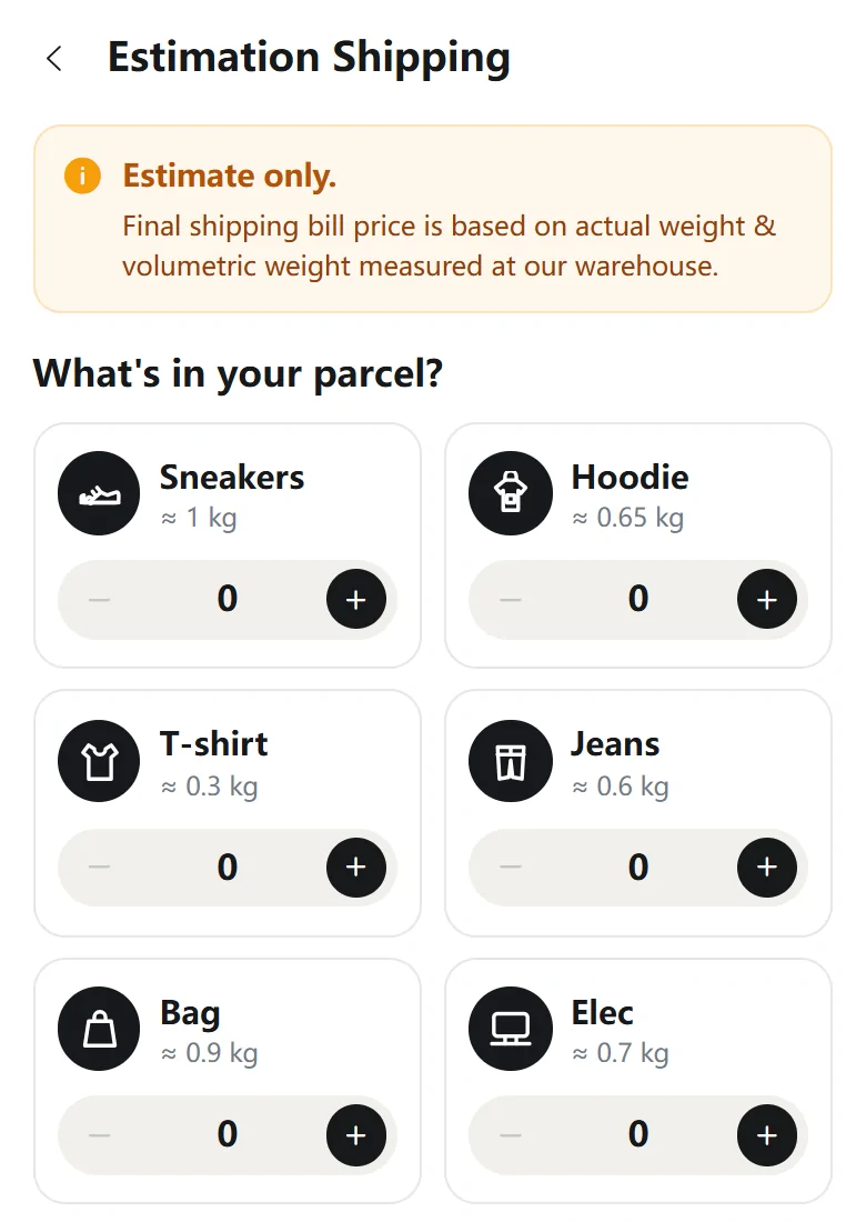 Lovegobuy phone estimate page asking what is in the parcel, with item types such as sneakers, hoodie, T-shirt, jeans, bag and electronics, each with an approximate weight