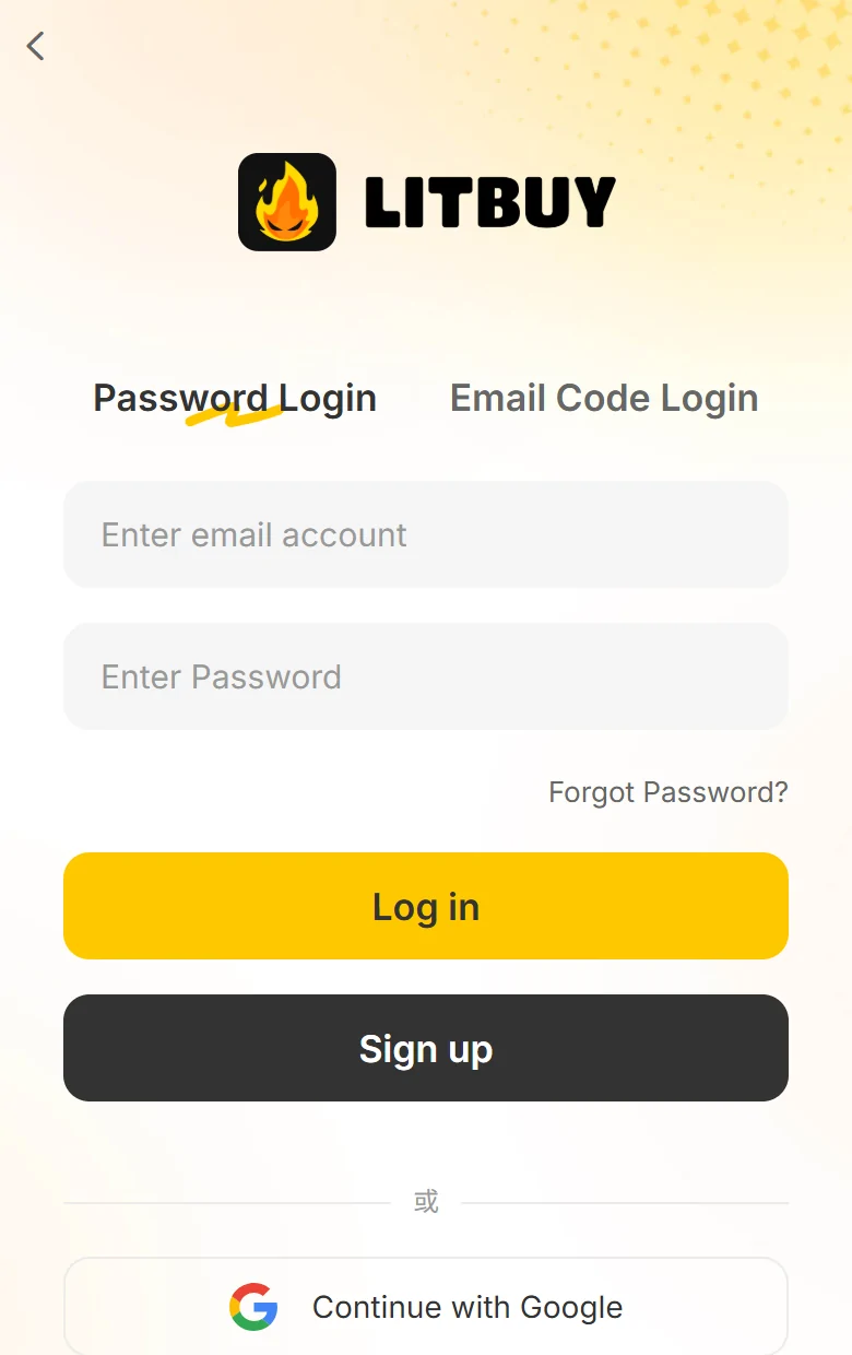 LitBuy sign-in screen on a phone with email and password fields, Log in and Sign up buttons, and Google and Discord options