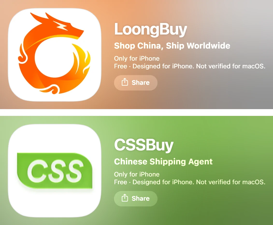 App Store title areas for LoongBuy and CSSBuy: app icon, app name and subtitle only
