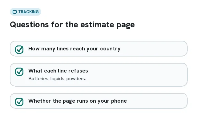 Card with three questions about shipping lines: how many reach your country, what they refuse, how prices are shown